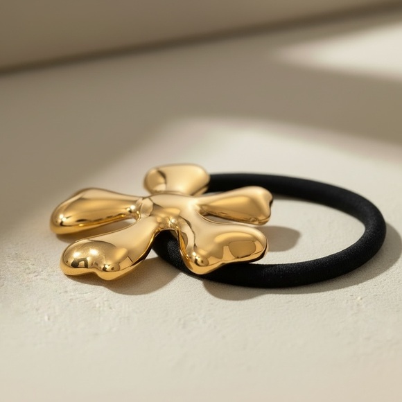 18K Gold Plated Stainless Steel Sculptural Flower Ponytail Cuff Hair Tie - Picture 3 of 5